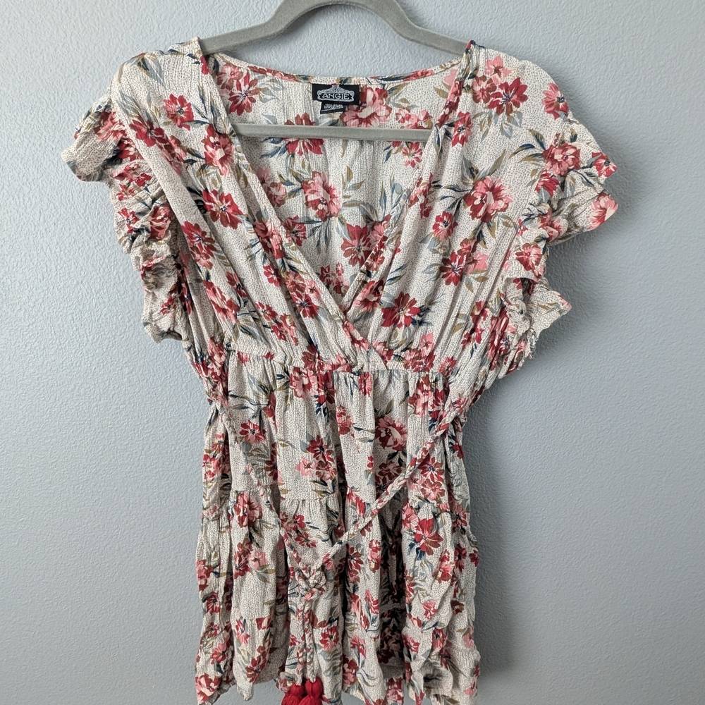 Angie Floral Ruffle Sleeve Blouse - Cream and Red